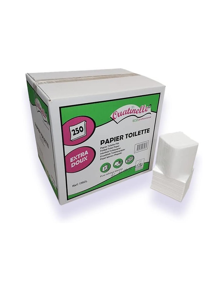 Papier hygiénique Ouatinelle plié 250 feuillets pure ouate 11x17 (carton de 36 paquets) Papier hygiénique Ouatinelle plié 250 feuillets pure ouate 11x17 (carton de 36 paquets)