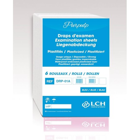 Draps d'examen plastifiés bleus LCH 50x38cm 68m (Carton de 6 rouleaux)
