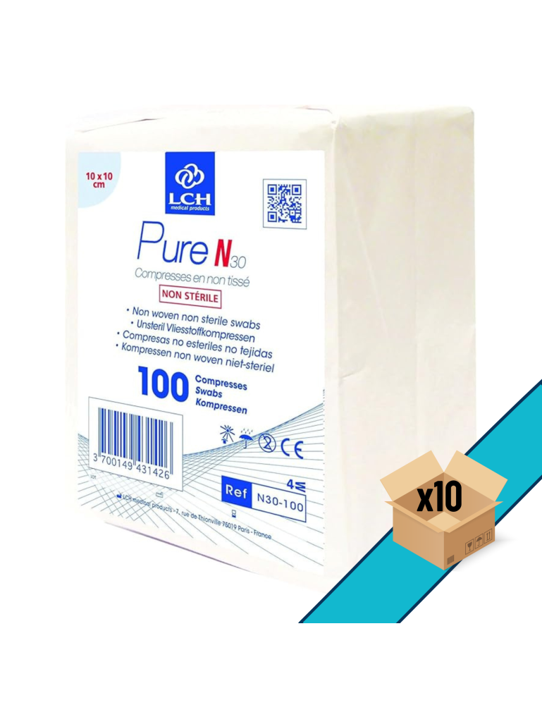 Lot de 10 - Compresses non tissées non stériles LCH 10x10cm 30G 4 plis (sachet de 100) Lot de 10 - Compresses non tissées non stériles LCH 10x10cm 30G 4 plis (sachet de 100)