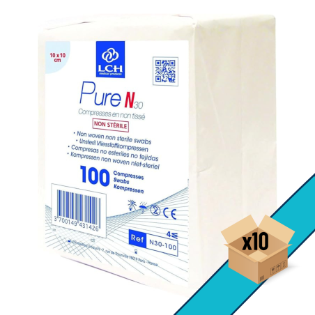 Lot de 10 - Compresses non tissées non stériles LCH 10x10cm 30G 4 plis (sachet de 100)