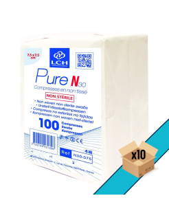 Lot de 10 - Compresses non tissées non stériles LCH PURE N30 7.5x7.5cm 30G - 4plis (sachet de 100)