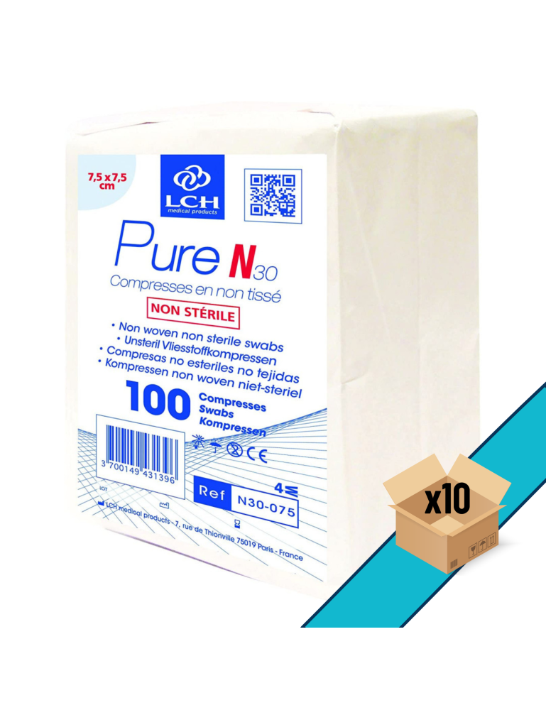 Lot de 10 - Compresses non tissées non stériles LCH PURE N30 7.5x7.5cm 30G - 4plis (sachet de 100)