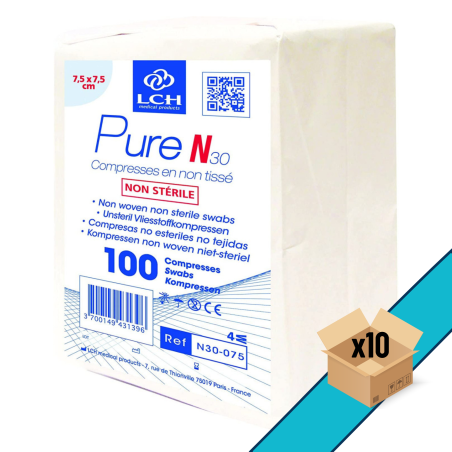 Lot de 10 - Compresses non tissées non stériles LCH PURE N30 7.5x7.5cm 30G - 4plis (sachet de 100)