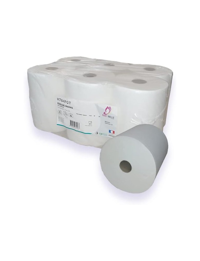 Essuie-mains pure ouate gaufré blanc 2x20g/m² - Pack de 6 rouleaux - 2 plis - 90m en continu - Largeur 20cm