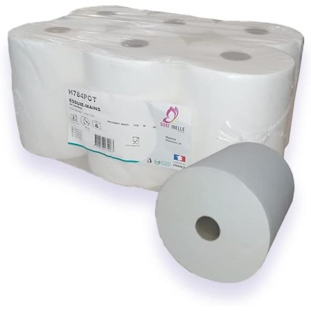 Essuie-mains pure ouate gaufré blanc 2x20g/m² - Pack de 6 rouleaux - 2 plis - 90m en continu - Largeur 20cm