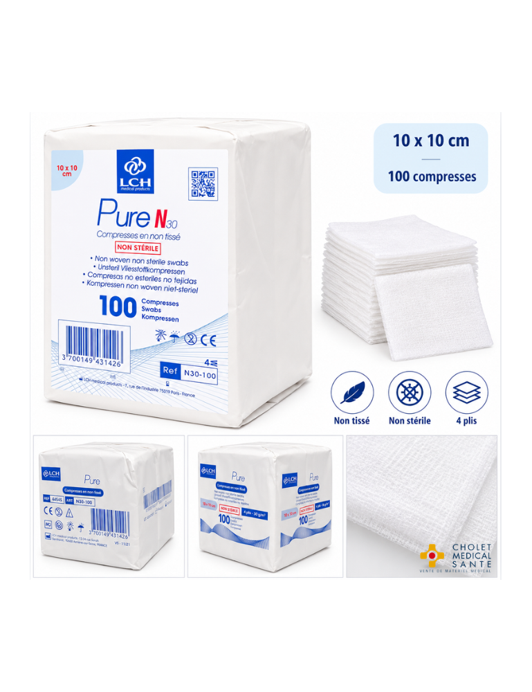 Compresses non tissées non stériles 10x10cm 30G 4 plis (sachet de 100)