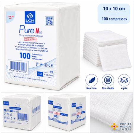 Compresses non tissées non stériles 10x10cm 30G 4 plis (sachet de 100)