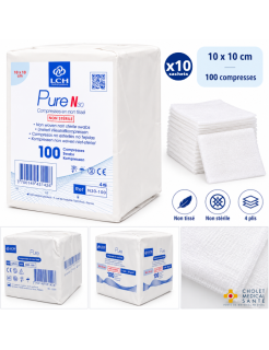 Lot de 10 - Compresses non tissées non stériles LCH 10x10cm 30G 4 plis (sachet de 100)