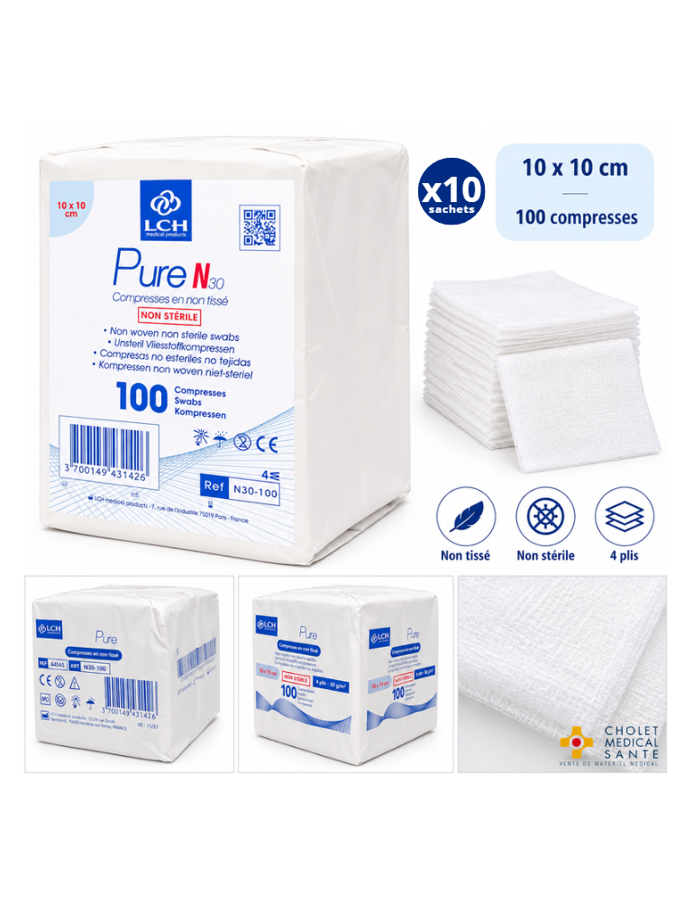 Lot de 10 - Compresses non tissées non stériles LCH 10x10cm 30G 4 plis (sachet de 100)