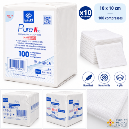 Lot de 10 - Compresses non tissées non stériles LCH 10x10cm 30G 4 plis (sachet de 100)