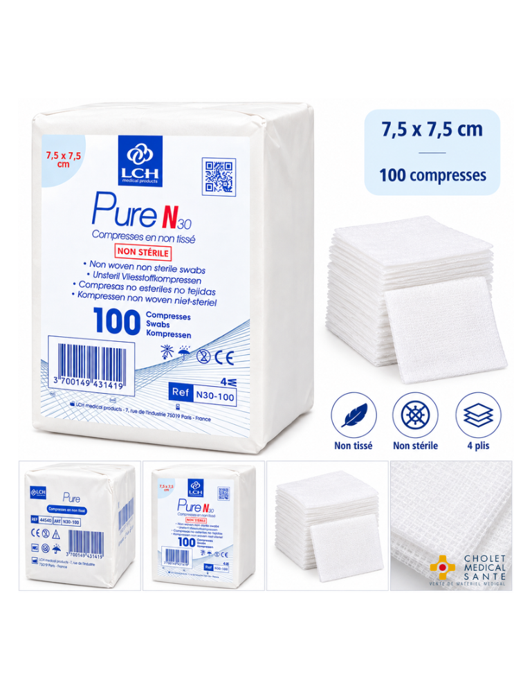 Compresses non tissées non stériles PURE N30 7.5x7.5cm 30G - 4plis (sachet de 100)