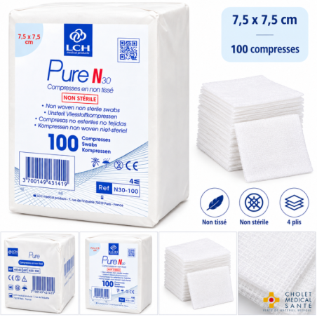Compresses non tissées non stériles PURE N30 7.5x7.5cm 30G - 4plis (sachet de 100)