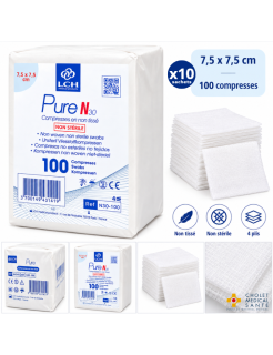 Compresses non tissées non stériles LCH PURE N30 7.5x7.5cm 30G - 4plis (lot de 10 sachets de 100)