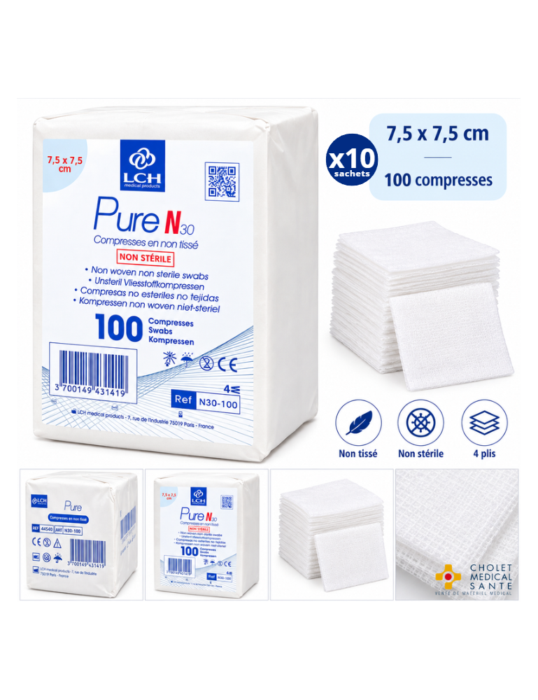 Compresses non tissées non stériles LCH PURE N30 7.5x7.5cm 30G - 4plis (lot de 10 sachets de 100)
