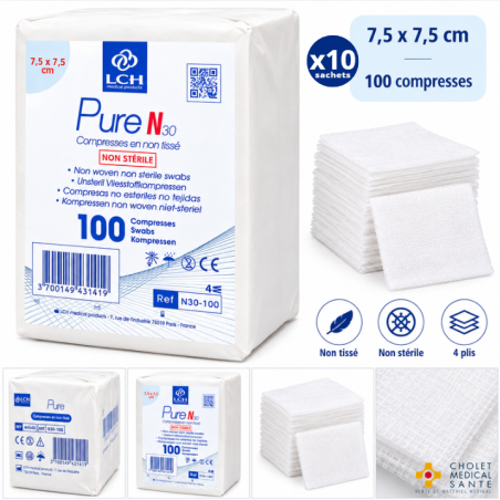 Compresses non tissées non stériles LCH PURE N30 7.5x7.5cm 30G - 4plis (lot de 10 sachets de 100)