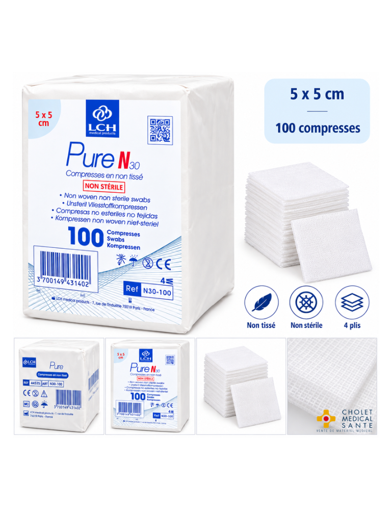Compresses non tissées non stériles LCH PURE N30 5x5cm 30G - 4plis (sachet de 100)