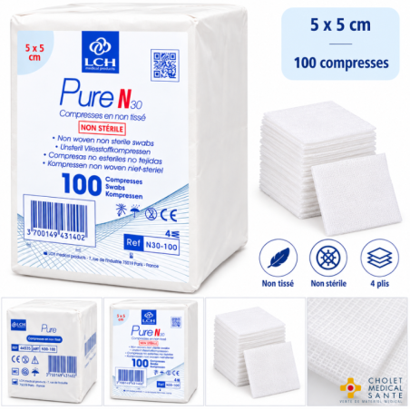 Compresses non tissées non stériles LCH PURE N30 5x5cm 30G - 4plis (sachet de 100)