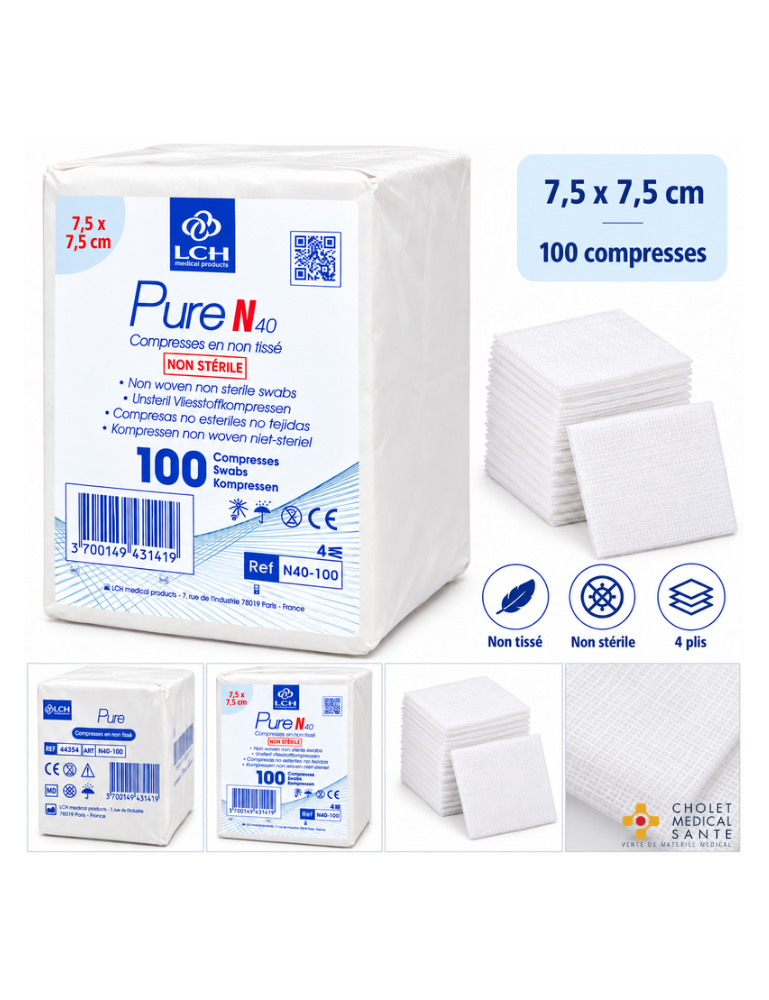 Compresses non stériles non tissées PURE N40 7.5x7.5cm 40G - 4plis (sachet de 100)