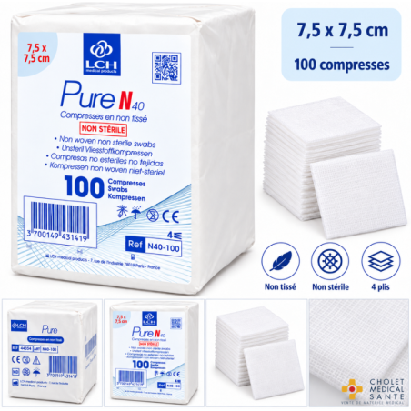 Compresses non stériles non tissées PURE N40 7.5x7.5cm 40G - 4plis (sachet de 100)