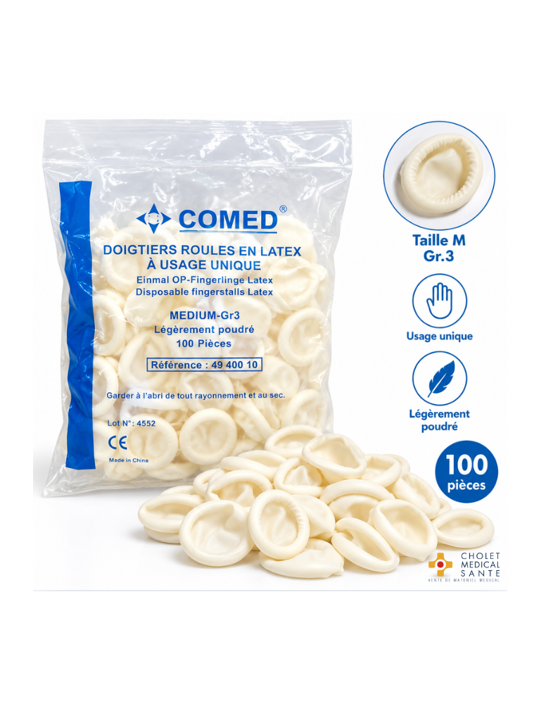 Doigtier roulé latex sans poudre large n°4 Taille M COMED (sachet de 100)