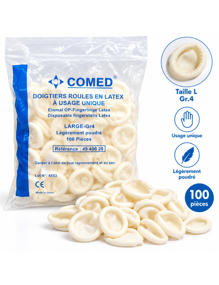 Doigtier roulé latex sans poudre large n°4 Taille L COMED (sachet de 100)