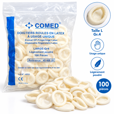 Doigtier roulé latex sans poudre large n°4 Taille L COMED (sachet de 100)