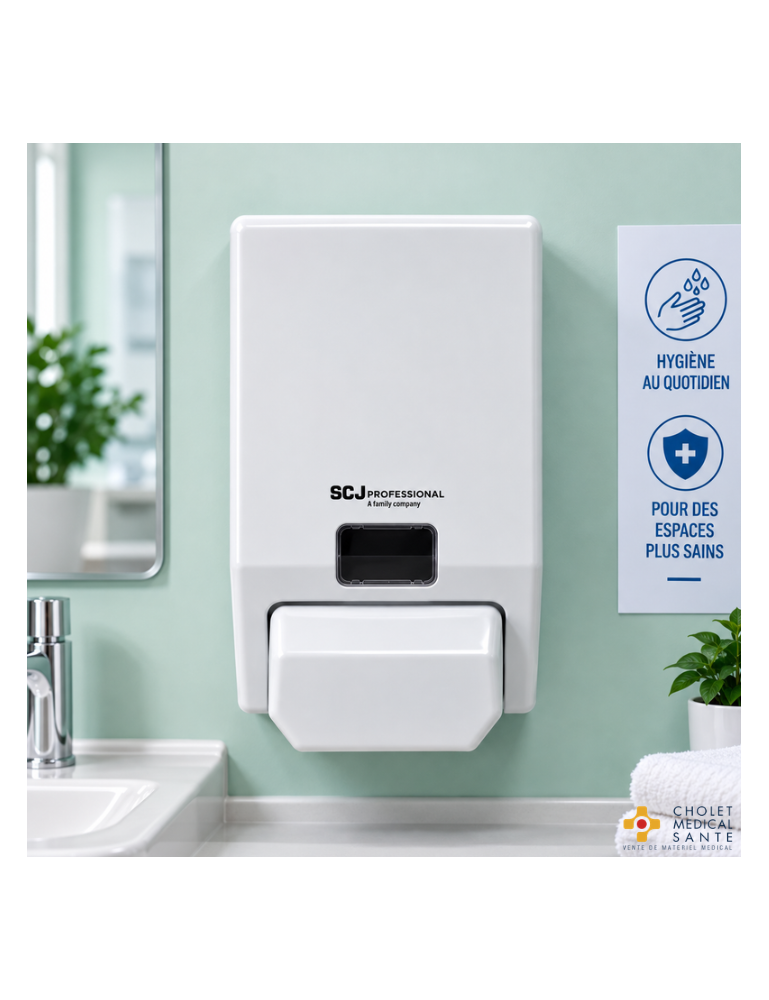 Distributeur SCJ Savon/Gel hydroalcoolique Manuel Blanc Soft-touch 1L