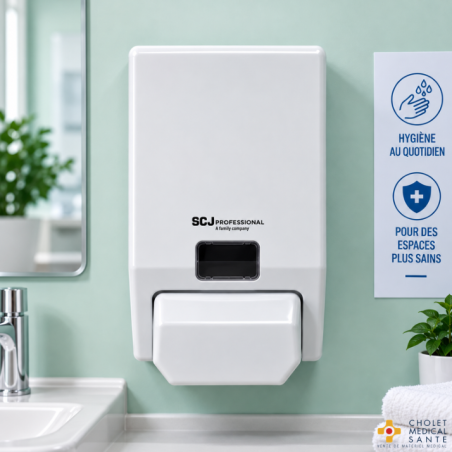 Distributeur SCJ Savon/Gel hydroalcoolique Manuel Blanc Soft-touch 1L