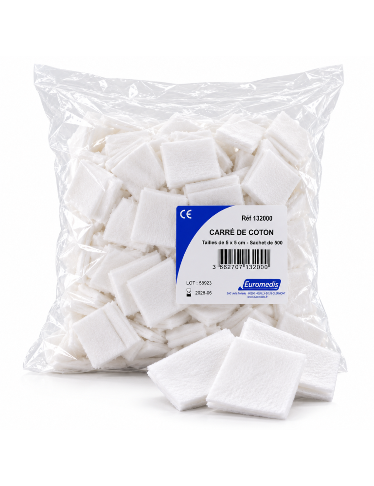 EUROMEDIS – Carrés de coton blanc hydrophile 5 × 5 cm – Sachet de 500 unités