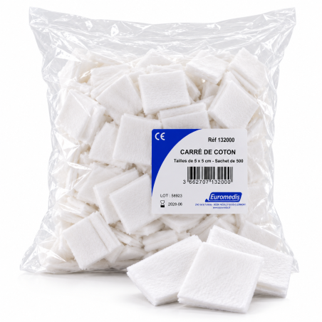 EUROMEDIS – Carrés de coton blanc hydrophile 5 × 5 cm – Sachet de 500 unités