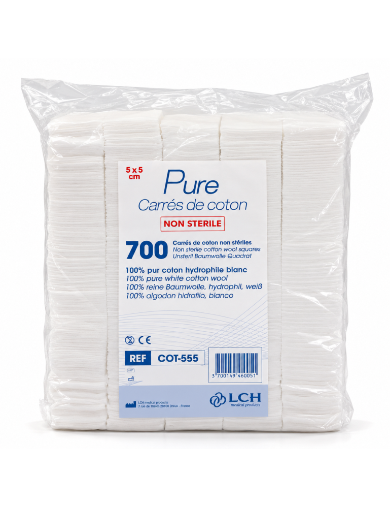 LCH – Carrés de coton hydrophile blanc 5 x 5 cm non stériles – Sachet de 700 unités