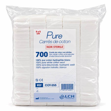 LCH – Carrés de coton hydrophile blanc 5 x 5 cm non stériles – Sachet de 700 unités