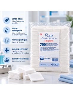Carrés de coton LCH 5 x 5 cm pour soins d'hygiène et nettoyage cutané en milieu médical