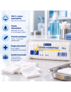 EUROMEDIS – Coton hydrophile 100 % coton – Haute absorption et douceur pour la peau