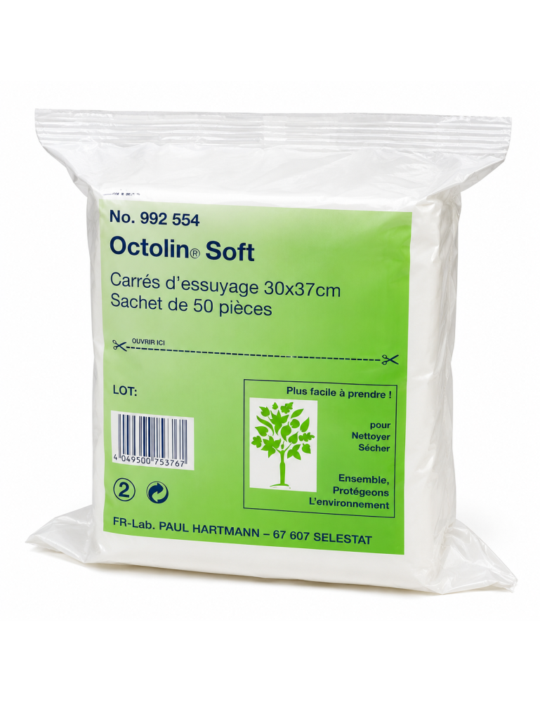 HARTMANN Octolin Soft – Carrés d'essuyage 30 × 37 cm – Sachet de 50 pièces