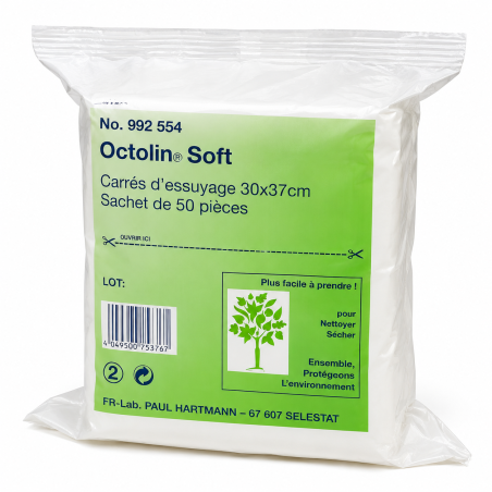 HARTMANN Octolin Soft – Carrés d'essuyage 30 × 37 cm – Sachet de 50 pièces