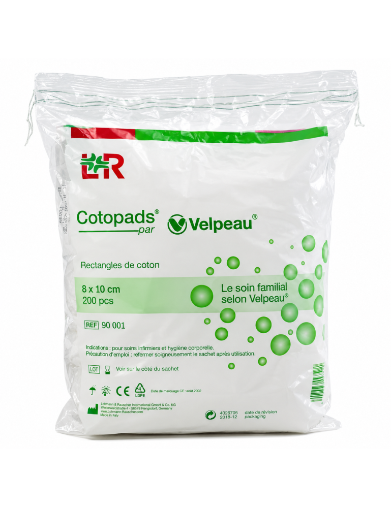 L&R Velpeau Cotopads – Rectangles de coton 8 × 10 cm pour soins et hygiène – Sachet de 200 pièces
