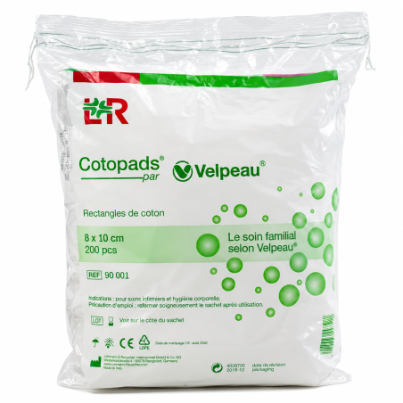 L&R Velpeau Cotopads – Rectangles de coton 8 × 10 cm pour soins et hygiène – Sachet de 200 pièces