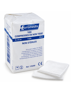 EUROMEDIS – Compresses non tissées non stériles 5 x 5 cm – 4 plis – 30 g/m² – Sachet de 100