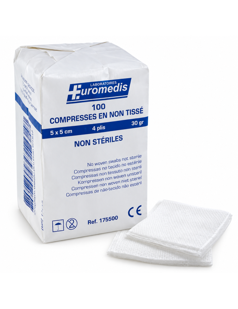 EUROMEDIS – Compresses non tissées non stériles 5 x 5 cm – 4 plis – 30 g/m² – Sachet de 100
