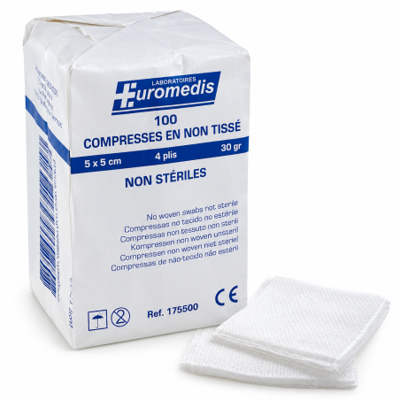 EUROMEDIS – Compresses non tissées non stériles 5 x 5 cm – 4 plis – 30 g/m² – Sachet de 100