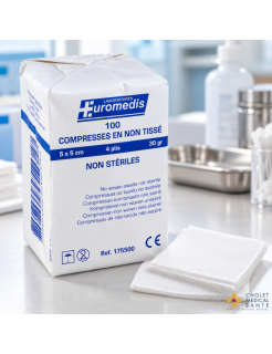 EUROMEDIS – Compresses non tissées non stériles 5 x 5 cm – 4 plis – 30 g/m² – Sachet de 100