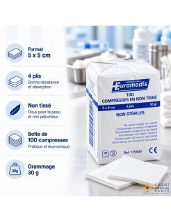 EUROMEDIS – 100 compresses non stériles 5 x 5 cm – 4 plis, 30 g/m² – Douceur, absorption et résistance