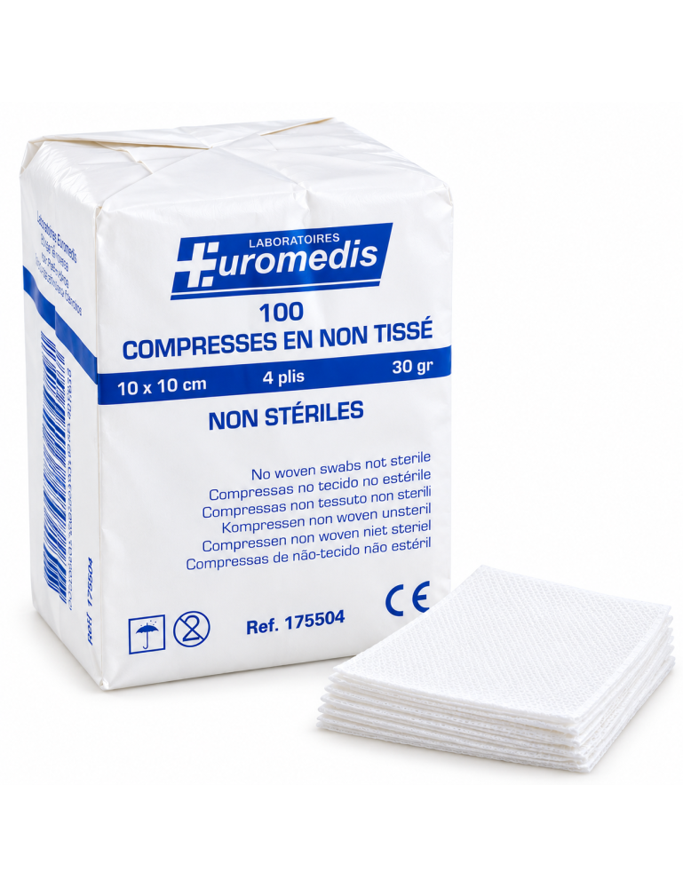 Compresses médicales EUROMEDIS 10 x 10 cm – Non stériles, douces et absorbantes – Pour soins et nettoyage cutané – Sachet de 100