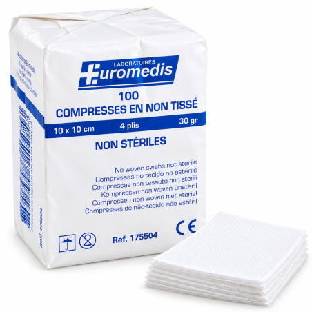 Compresses médicales EUROMEDIS 10 x 10 cm – Non stériles, douces et absorbantes – Pour soins et nettoyage cutané – Sachet de 100