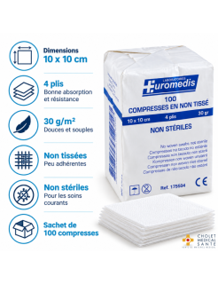 EUROMEDIS – Compresses non tissées non stériles 10 x 10 cm – 4 plis – 30 g/m² – Sans latex – Sachet de 100 compresses