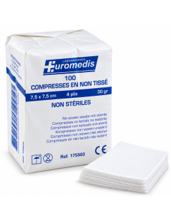 EUROMEDIS – Compresses non tissées non stériles 7,5 x 7,5 cm – 4 plis – 30 g/m² – Sachet de 100 compresses