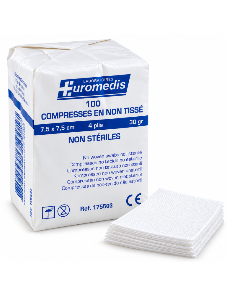 EUROMEDIS – Compresses non tissées non stériles 7,5 x 7,5 cm – 4 plis – 30 g/m² – Sachet de 100 compresses
