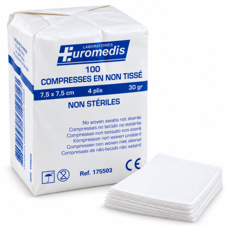 EUROMEDIS – Compresses non tissées non stériles 7,5 x 7,5 cm – 4 plis – 30 g/m² – Sachet de 100 compresses