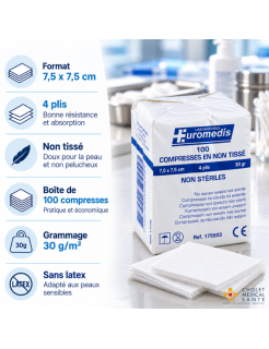 Compresses médicales EUROMEDIS 7,5 x 7,5 cm – Douces et absorbantes – Pour soins d'hygiène et nettoyage cutané – Non stériles